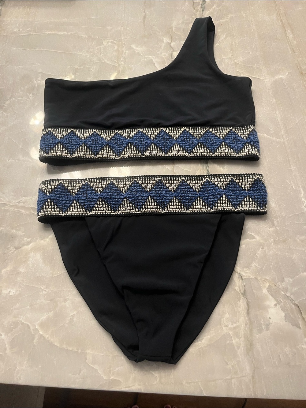 Elysian Black One-Shoulder Bikini Set with Blue Diamond Boho Trim small batch